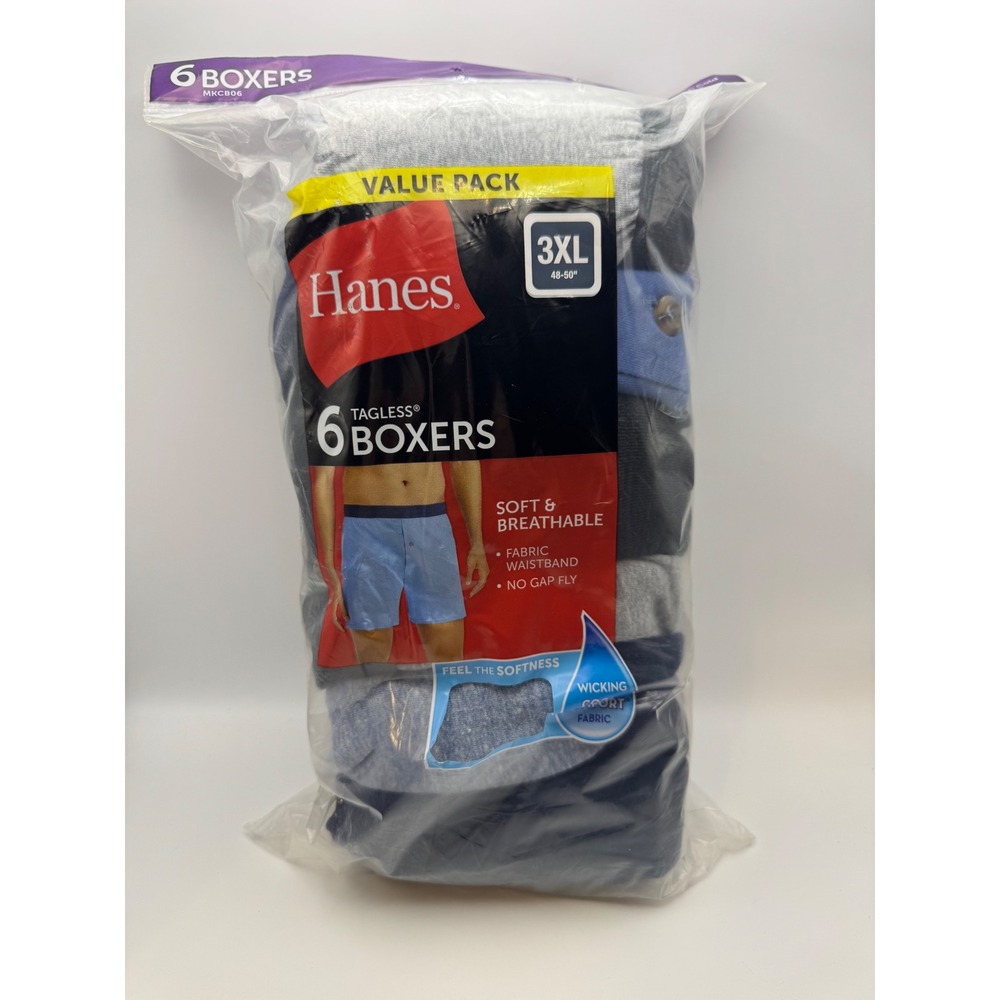 Hanes Mens 6 Pack Tagless Boxers 3XL 48-50 Blue Grey Navy Wicking MKCB06
